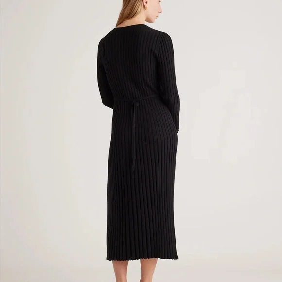 Quince Womens Cotton Cashmere Ribbed Long Sleeve Crew Midi Dress Black M - Picture 3 of 4